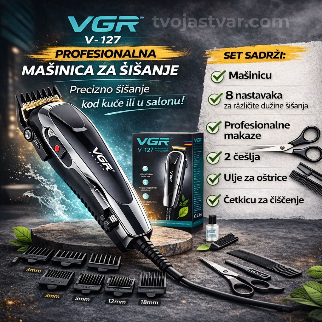 VGR V-127 Profesionalna Mašinica za Šišanje sa 8 Nastavaka – Komplet za Kosu i Bradu