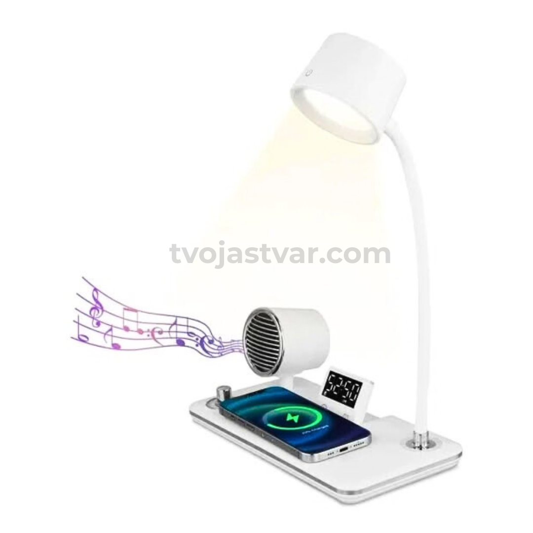 Multifunkcionalna LED Stona Lampa 4-u-1 – Bežični Punjač, Bluetooth Zvučnik i Digitalni Sat