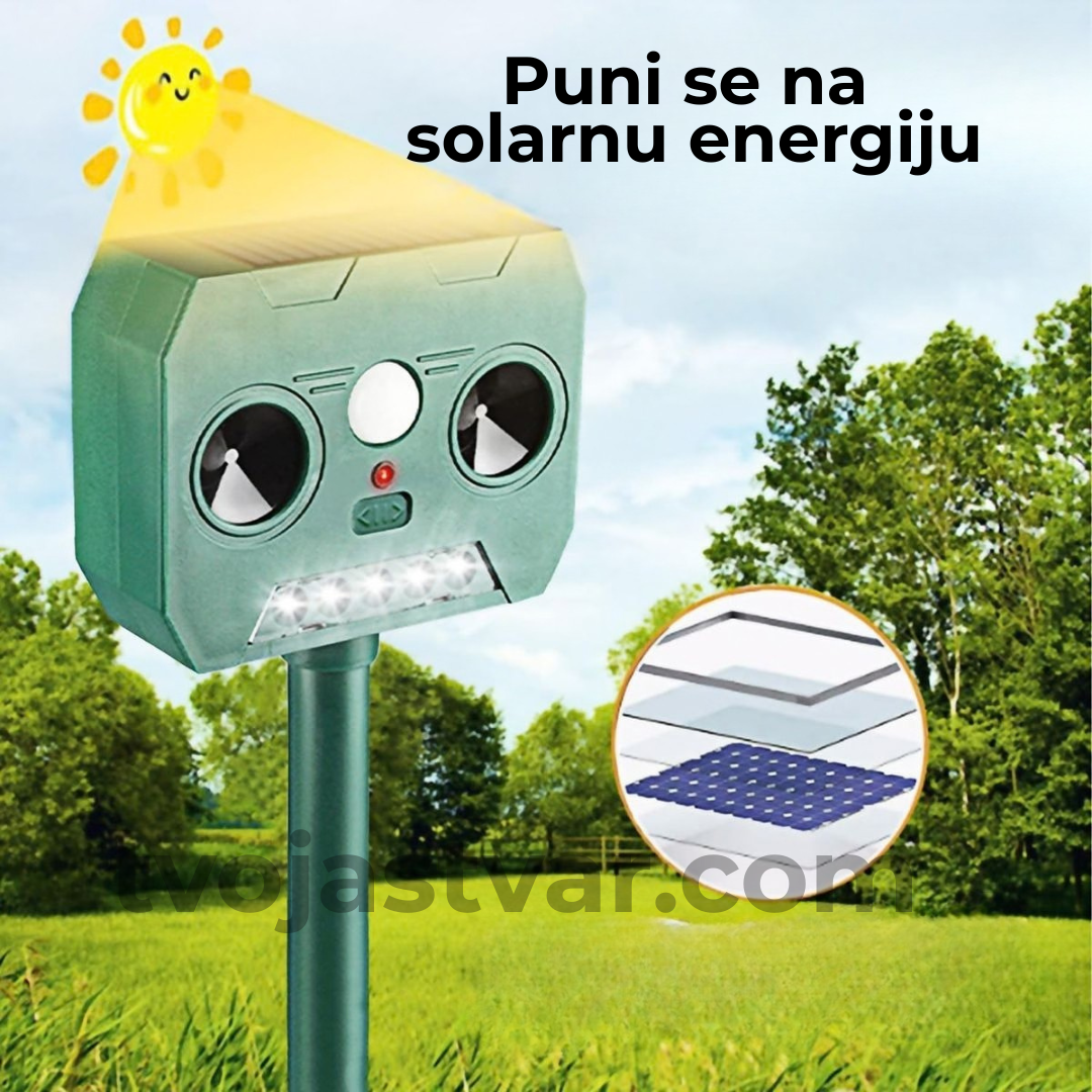 Solarni ultrazvučni rasterivač životinja sa LED svetlom – zaštita dvorišta i bašte