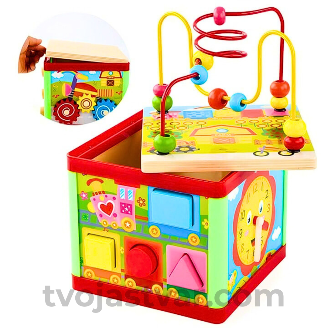 Drvena Edukativna Aktiviti Kocka 5u1 – Montessori STEM Igračka sa Oblicima, Zupčanicima i Labirintom