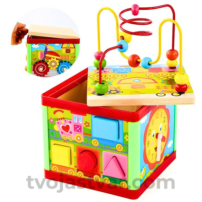 Drvena Edukativna Aktiviti Kocka 5u1 – Montessori STEM Igračka sa Oblicima, Zupčanicima i Labirintom