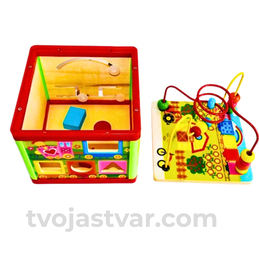 Drvena Edukativna Aktiviti Kocka 5u1 – Montessori STEM Igračka sa Oblicima, Zupčanicima i Labirintom