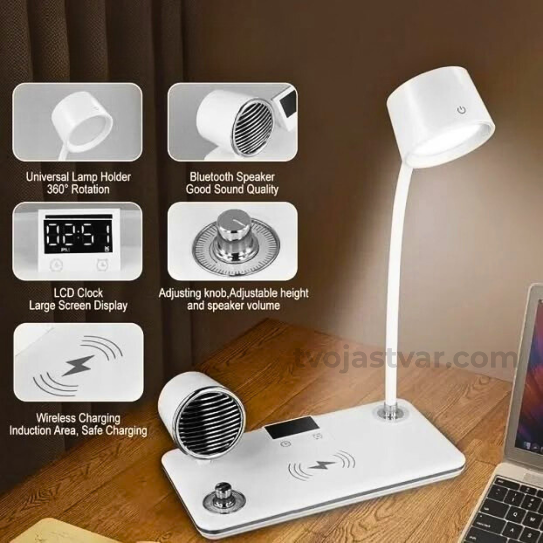 Multifunkcionalna LED Stona Lampa 4-u-1 – Bežični Punjač, Bluetooth Zvučnik i Digitalni Sat