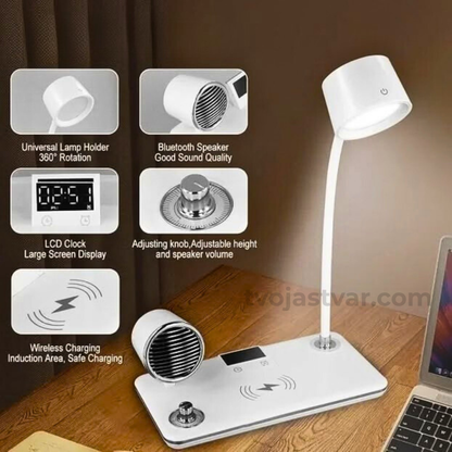 Multifunkcionalna LED Stona Lampa 4-u-1 – Bežični Punjač, Bluetooth Zvučnik i Digitalni Sat