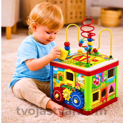 Drvena Edukativna Aktiviti Kocka 5u1 – Montessori STEM Igračka sa Oblicima, Zupčanicima i Labirintom