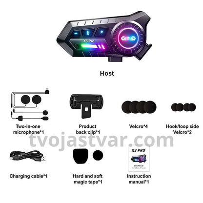 Bluetooth Interkom za Motor X3 Pro– IPX6 Vodootporan, Handsfree Pozivi, Muzika