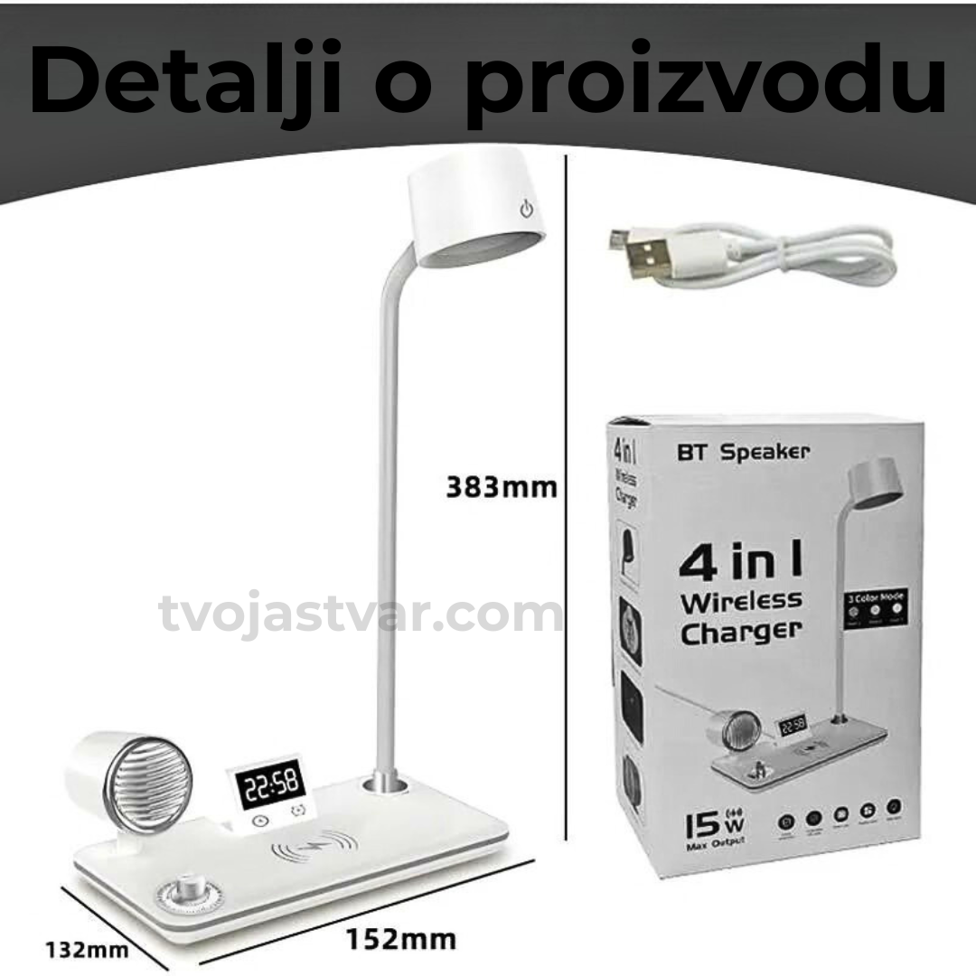 Multifunkcionalna LED Stona Lampa 4-u-1 – Bežični Punjač, Bluetooth Zvučnik i Digitalni Sat