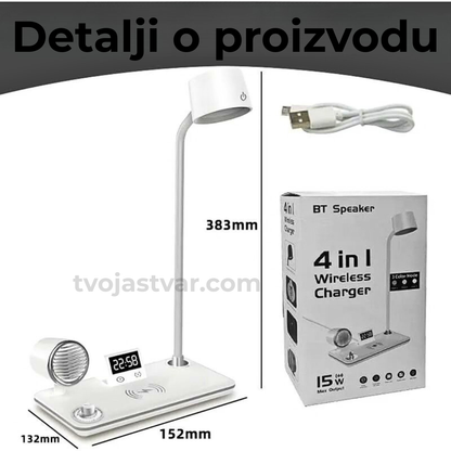 Multifunkcionalna LED Stona Lampa 4-u-1 – Bežični Punjač, Bluetooth Zvučnik i Digitalni Sat