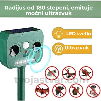 Solarni ultrazvučni rasterivač životinja sa LED svetlom – zaštita dvorišta i bašte