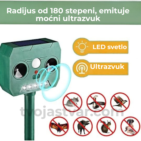 Solarni ultrazvučni rasterivač životinja sa LED svetlom – zaštita dvorišta i bašte