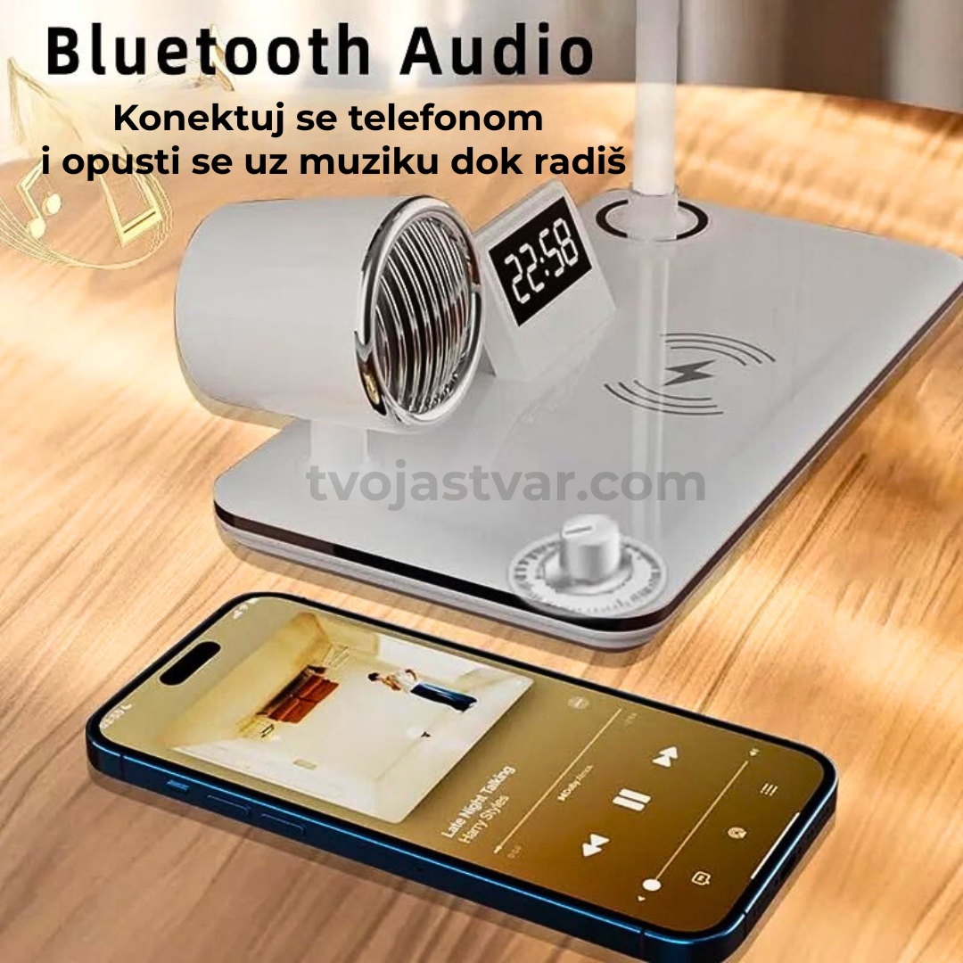 Multifunkcionalna LED Stona Lampa 4-u-1 – Bežični Punjač, Bluetooth Zvučnik i Digitalni Sat