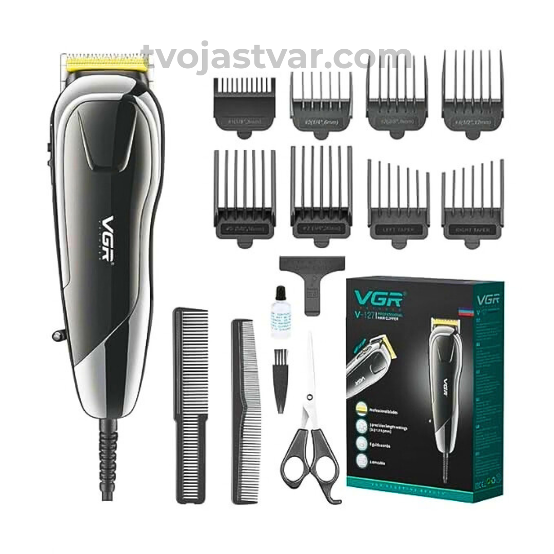 VGR V-127 Profesionalna Mašinica za Šišanje sa 8 Nastavaka – Komplet za Kosu i Bradu