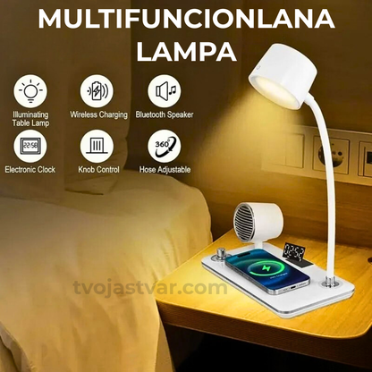 Multifunkcionalna LED Stona Lampa 4-u-1 – Bežični Punjač, Bluetooth Zvučnik i Digitalni Sat