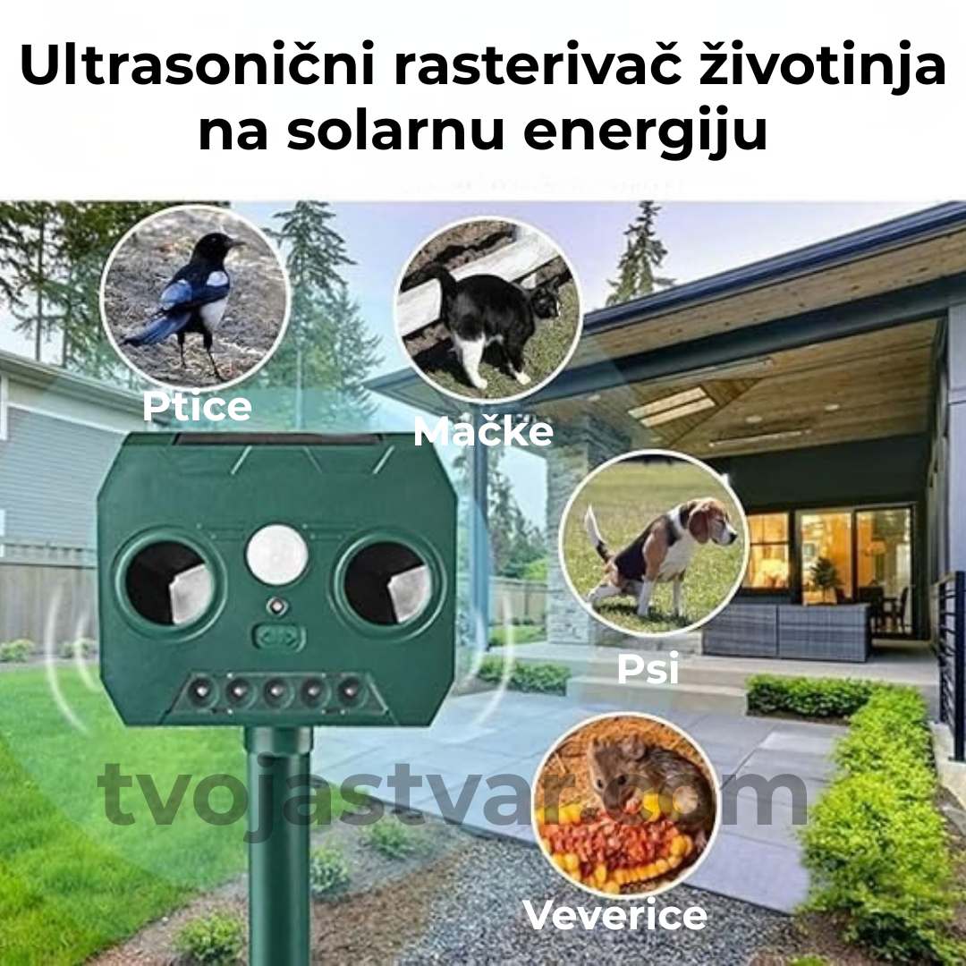 Solarni ultrazvučni rasterivač životinja sa LED svetlom – zaštita dvorišta i bašte