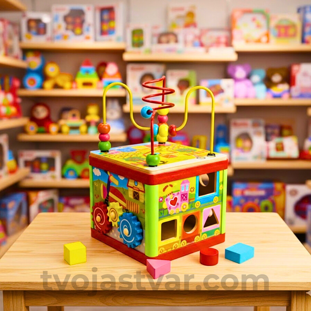 Drvena Edukativna Aktiviti Kocka 5u1 – Montessori STEM Igračka sa Oblicima, Zupčanicima i Labirintom