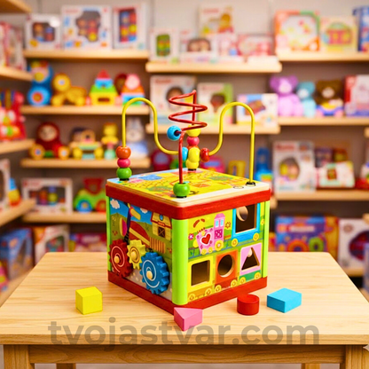 Drvena Edukativna Aktiviti Kocka 5u1 – Montessori STEM Igračka sa Oblicima, Zupčanicima i Labirintom