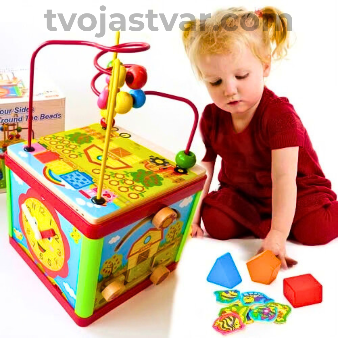 Drvena Edukativna Aktiviti Kocka 5u1 – Montessori STEM Igračka sa Oblicima, Zupčanicima i Labirintom