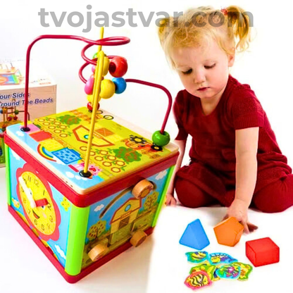 Drvena Edukativna Aktiviti Kocka 5u1 – Montessori STEM Igračka sa Oblicima, Zupčanicima i Labirintom